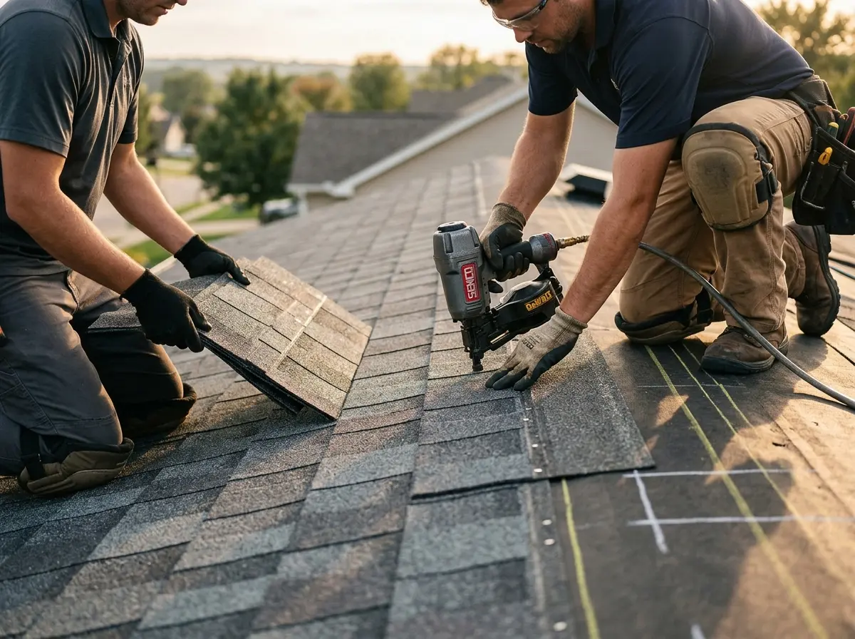 Professional roofer working on a residential roof in Onalaska